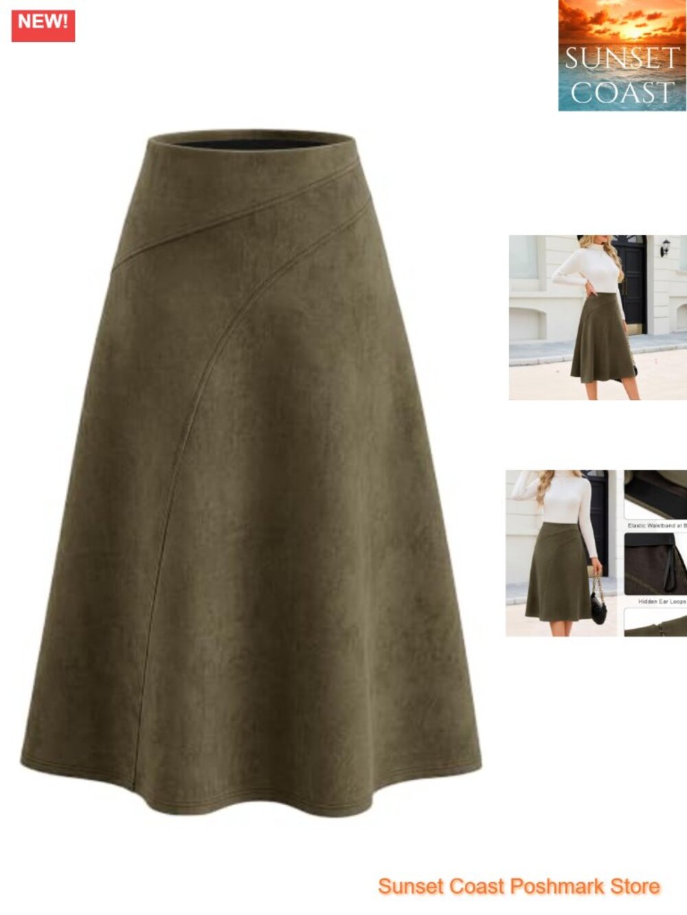 Suede Midi Skirt High Waist A Line Flowy Swing Office Wear